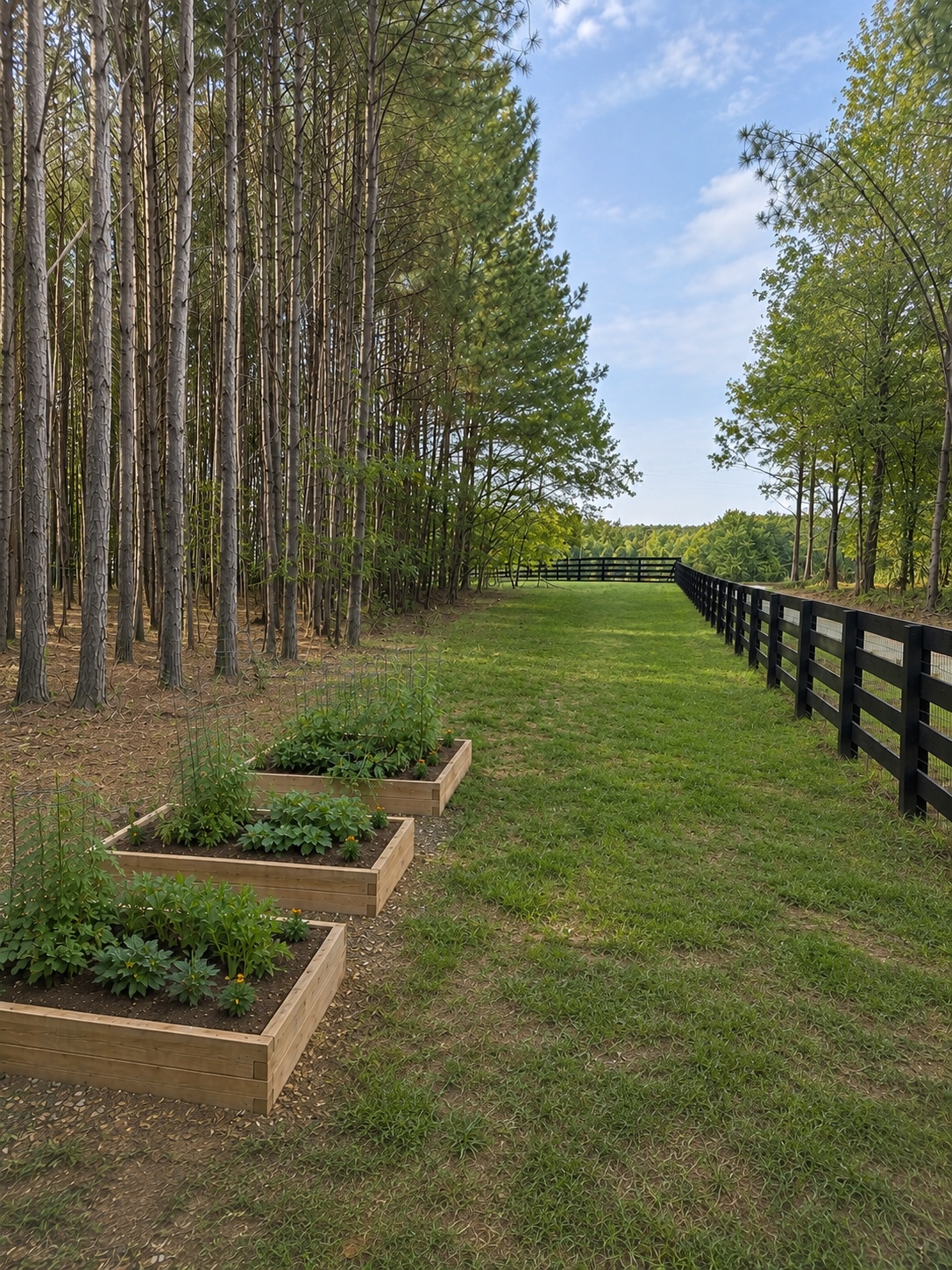 Fenced garden and wooded trail area