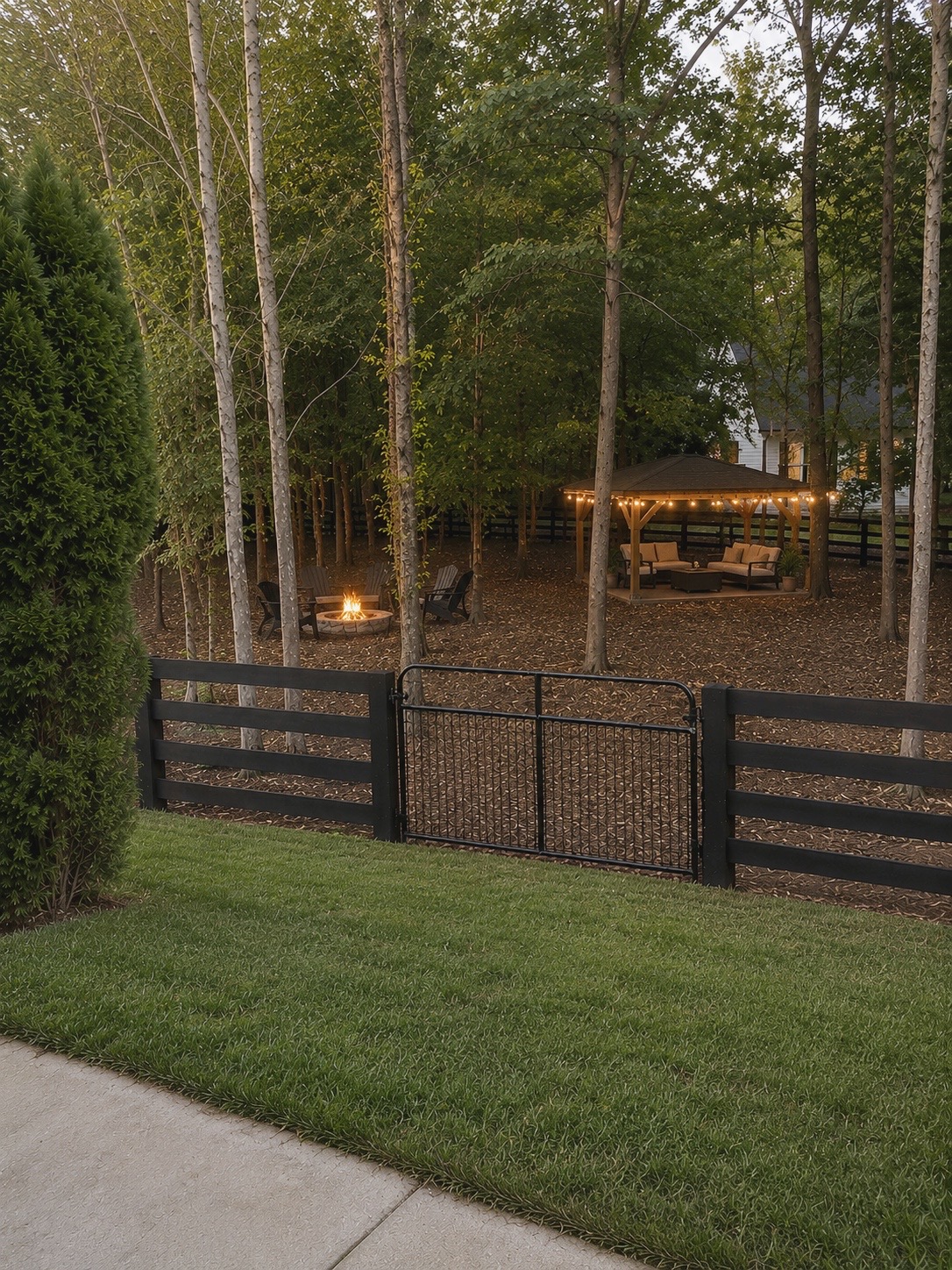 Wooded fireside gathering area and gazebo