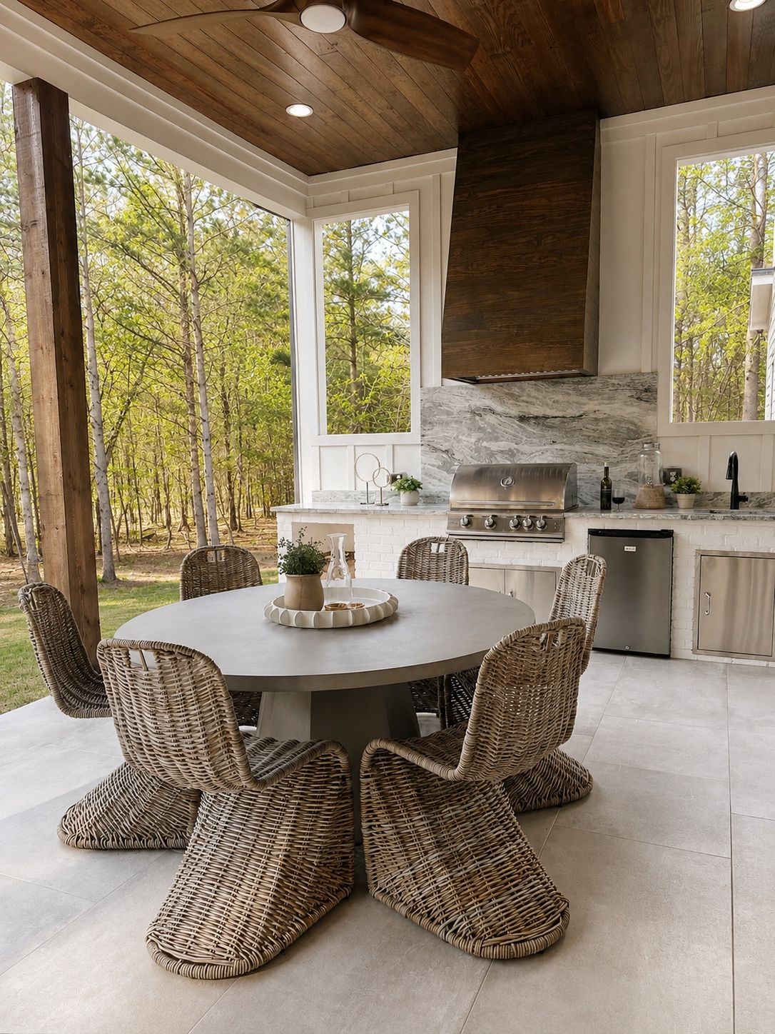 Outdoor fireplace and wooded backyard