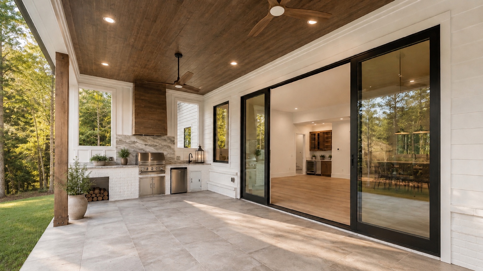 Covered patio and oversized sliding glass doors